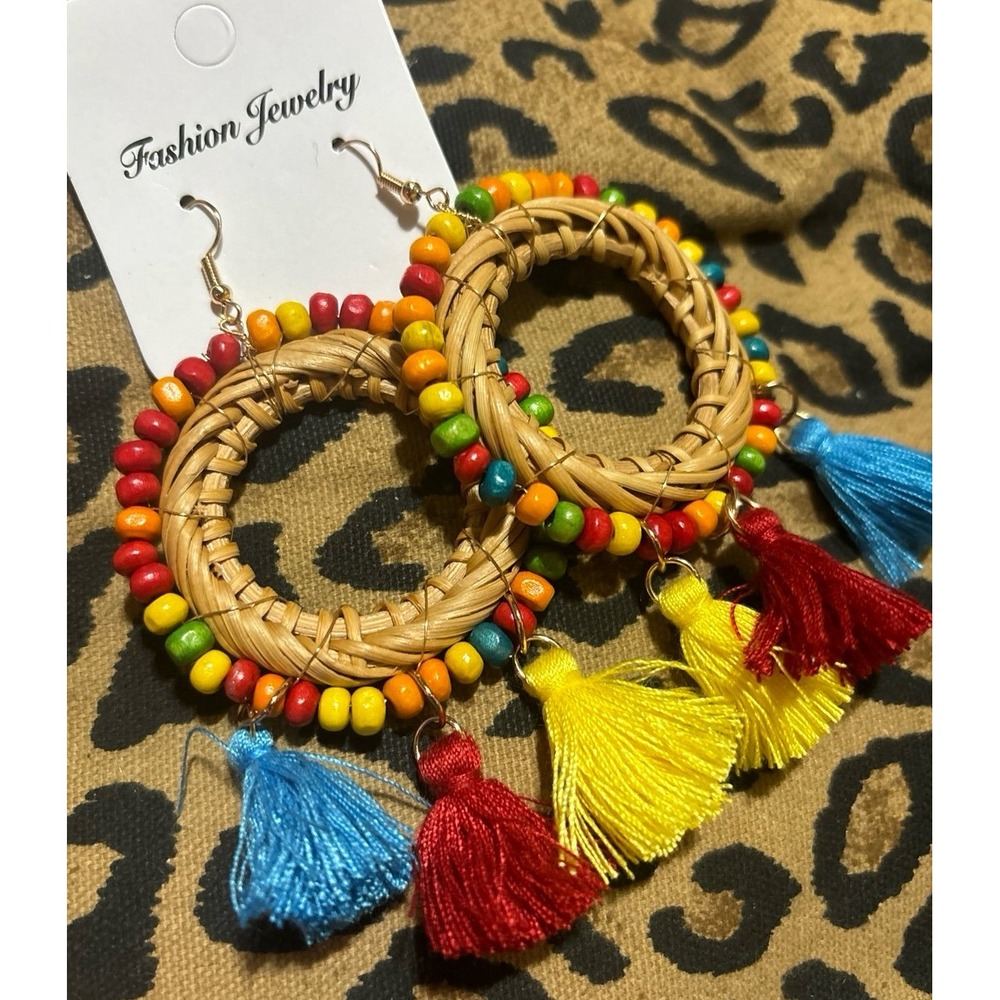 NEW‎ Red/Blue/Yellow & Natural Rattan Round Beaded Tassel Dangle Earrings